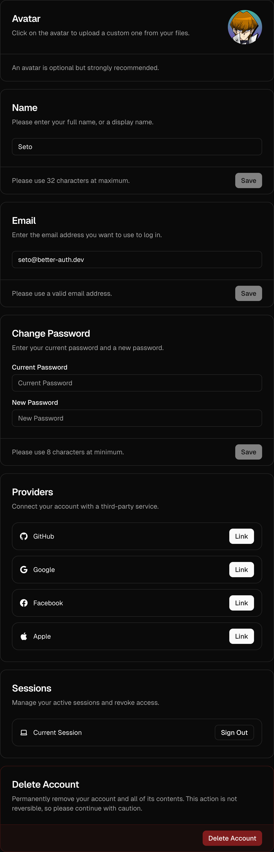 Settings Cards Dark